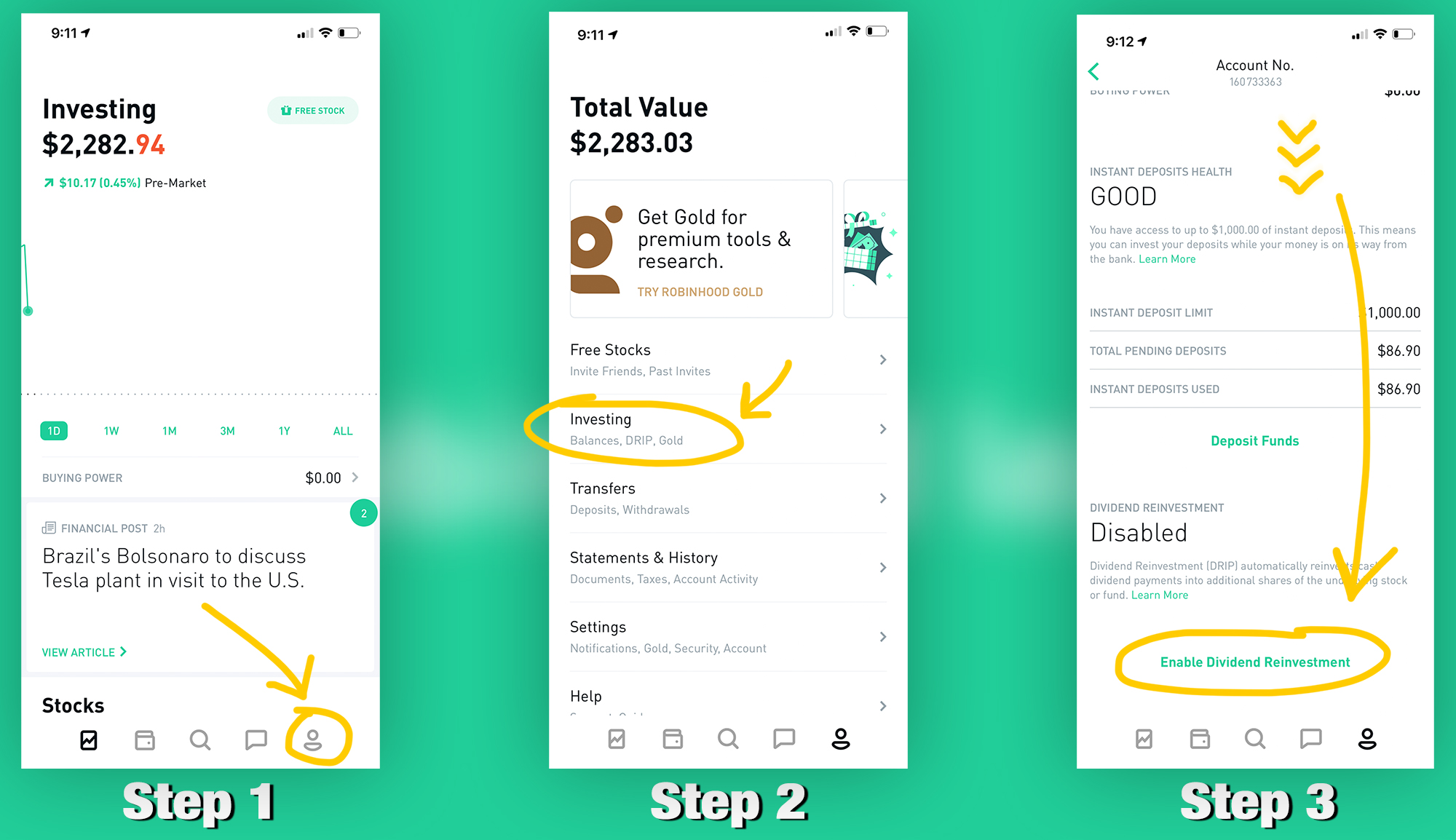 How to enable DRIP (Dividend Reinvestment) on Robinhood